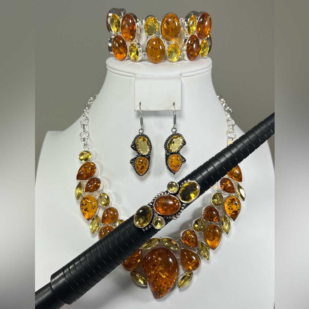 Amber & Citrine 925 Large synthetic stones Necklace Bracelet & ONE Earring ONLY - Picture 6 of 17